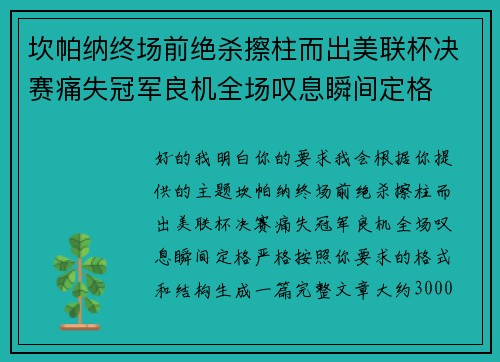 坎帕纳终场前绝杀擦柱而出美联杯决赛痛失冠军良机全场叹息瞬间定格